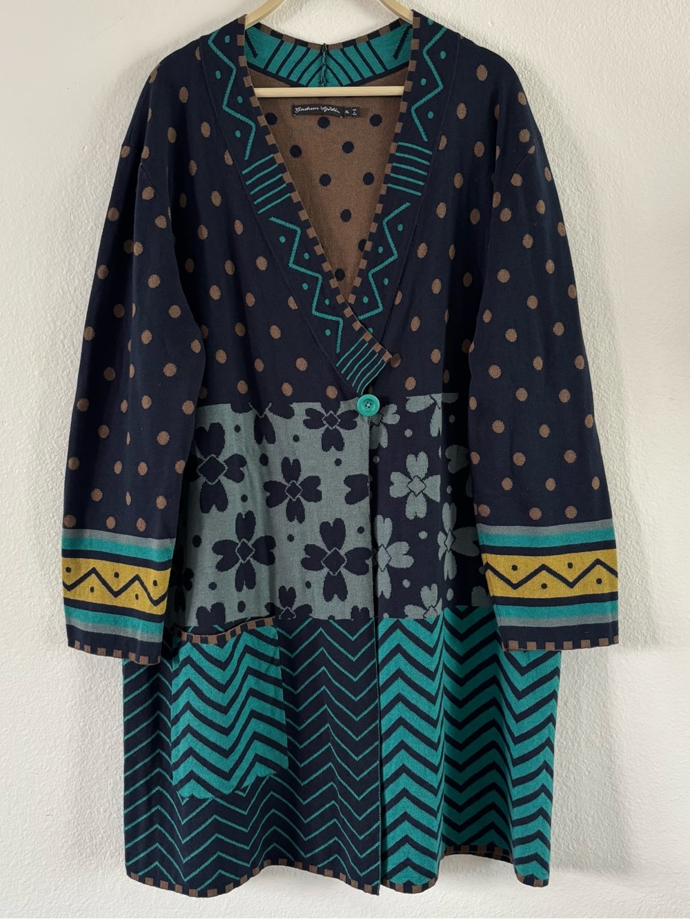 Gudrun Sjödén Organic Cotton & Wool Knit Floral Patchwork Long Cardigan Tunic